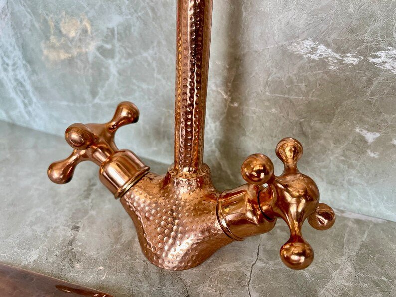 Handmade Copper Wall Mount Faucet | Hammered Solid Copper Bathroom Tap with Double Handles - Brasska