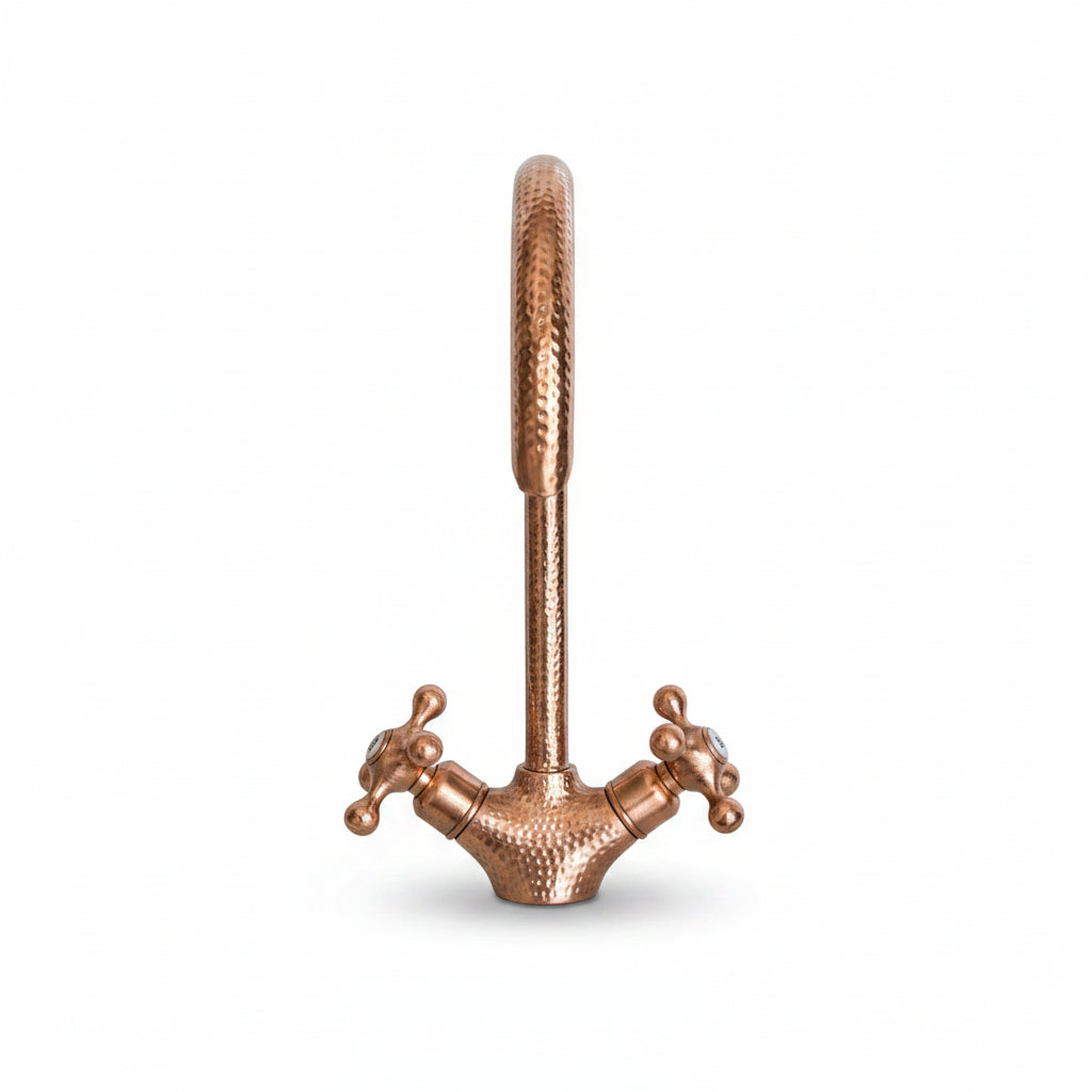 Handmade Copper Wall Mount Faucet | Hammered Solid Copper Bathroom Tap with Double Handles - Brasska