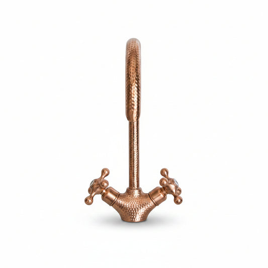 Handmade Copper Wall Mount Faucet | Hammered Solid Copper Bathroom Tap with Double Handles - Brasska
