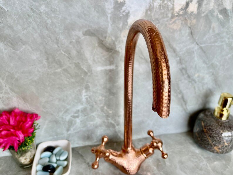Handmade Copper Wall Mount Faucet | Hammered Solid Copper Bathroom Tap with Double Handles - Brasska