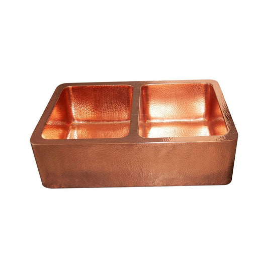 Handmade Double Bowl Copper Farmhouse Sink – Hammered Apron Front - Brasska