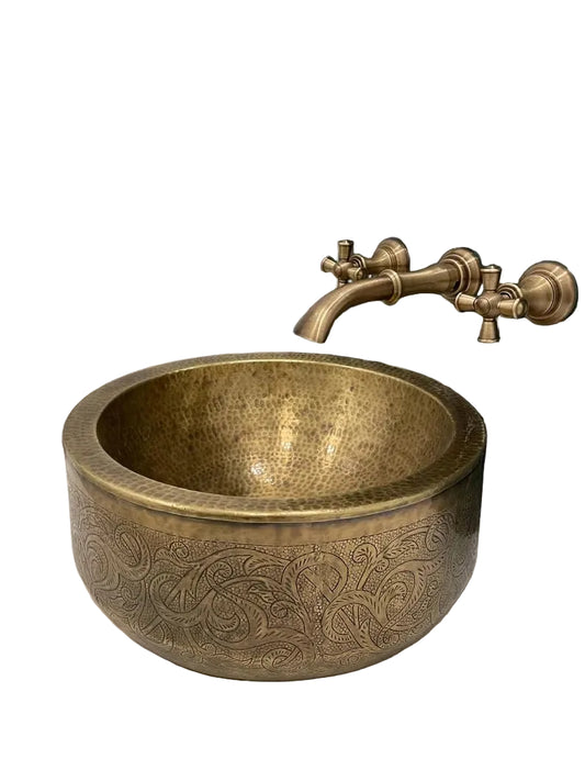 Handmade Hammered Copper Vessel Sink with Engraved Pattern – Luxury Bathroom Basin - Brasska