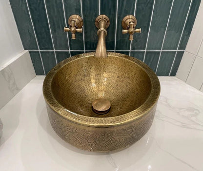 Handmade Hammered Copper Vessel Sink with Engraved Pattern – Luxury Bathroom Basin - Brasska