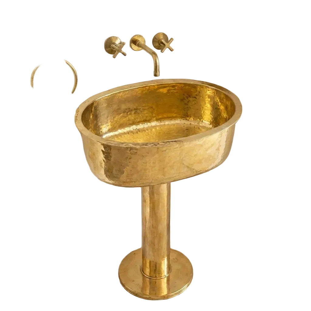 Handmade Hammered Unlacquered Brass Pedestal Sink – Wall-Mounted Vintage Bathroom Basin - Brasska