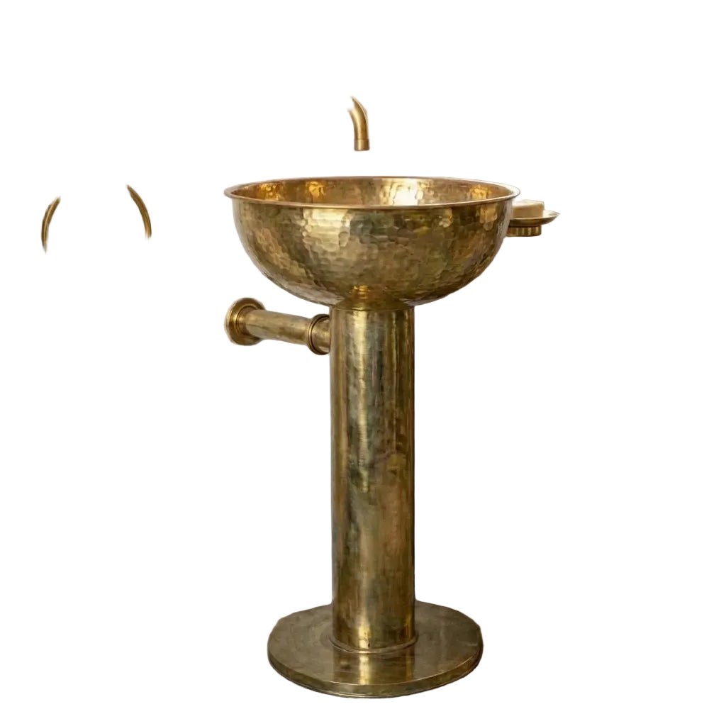 Handmade Hammered Unlacquered Brass Round Pedestal Sink - Brasska