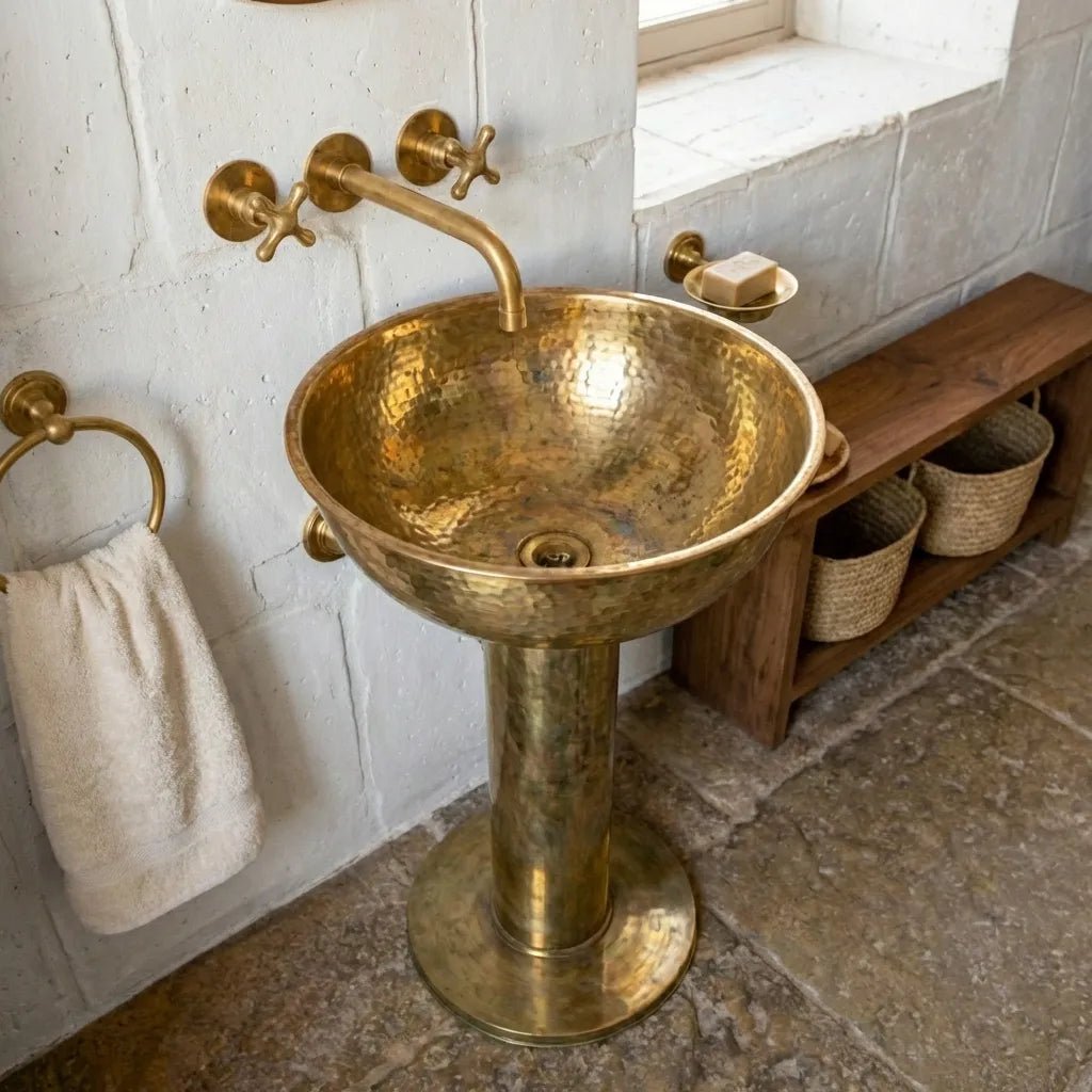 Handmade Hammered Unlacquered Brass Round Pedestal Sink - Brasska