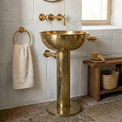Handmade Hammered Unlacquered Brass Round Pedestal Sink - Brasska
