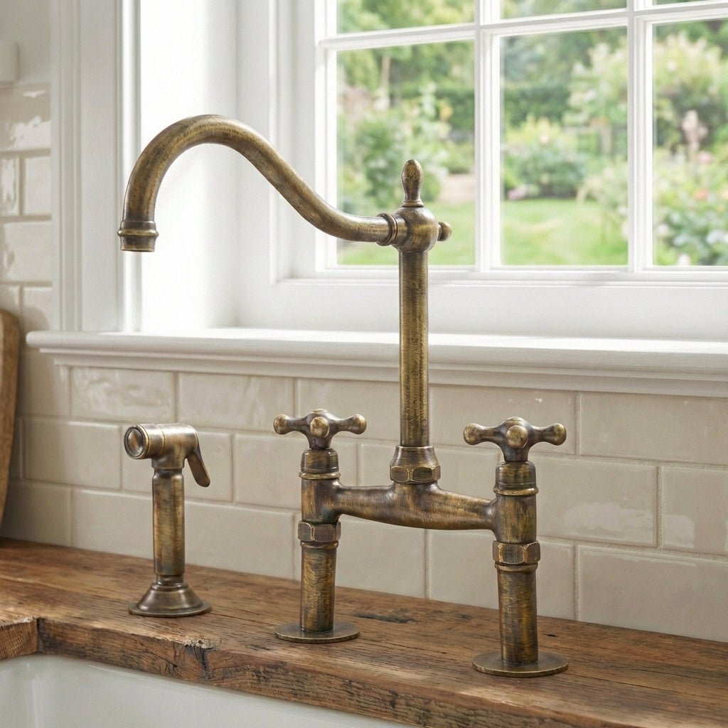 Handmade Victorian Vintage Brass Bridge Kitchen Faucet - Ornate Swan-Neck - Brasska