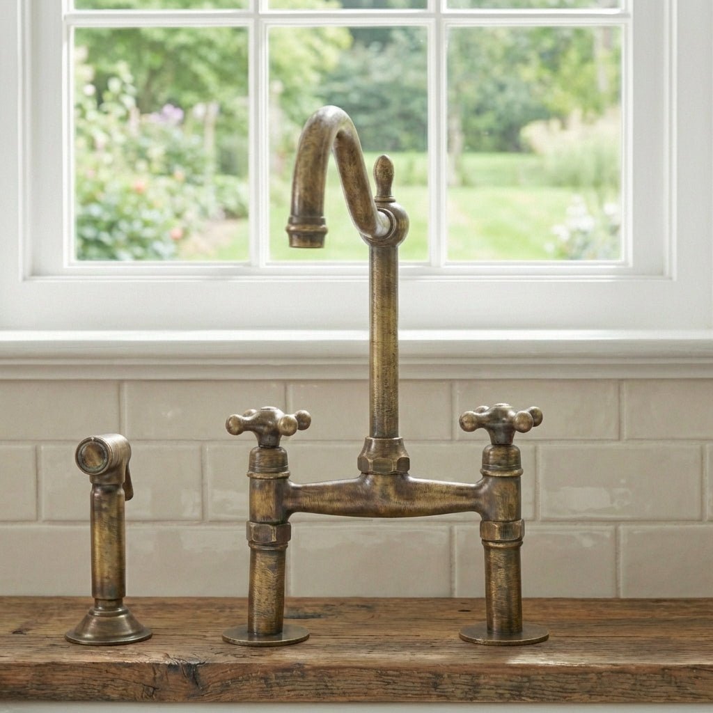 Handmade Victorian Vintage Brass Bridge Kitchen Faucet - Ornate Swan-Neck - Brasska