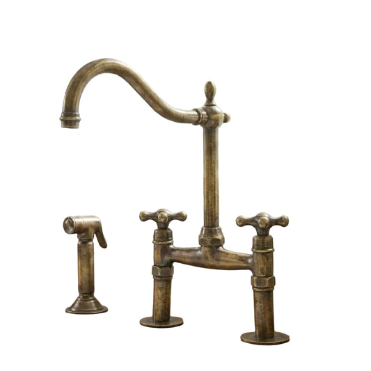 Handmade Victorian Vintage Brass Bridge Kitchen Faucet - Ornate Swan-Neck - Brasska