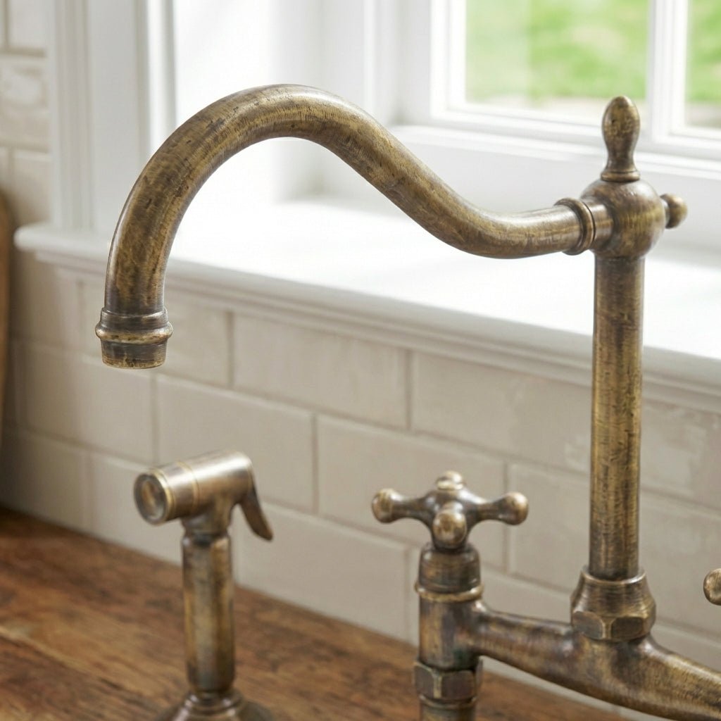 Handmade Victorian Vintage Brass Bridge Kitchen Faucet - Ornate Swan-Neck - Brasska
