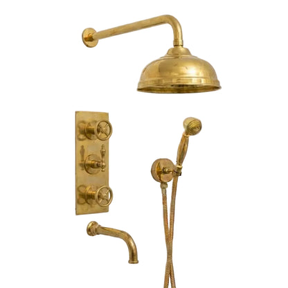 Heritage Unlacquered Brass Wall-Mount Shower System with Rain Head & Handheld - Brasska