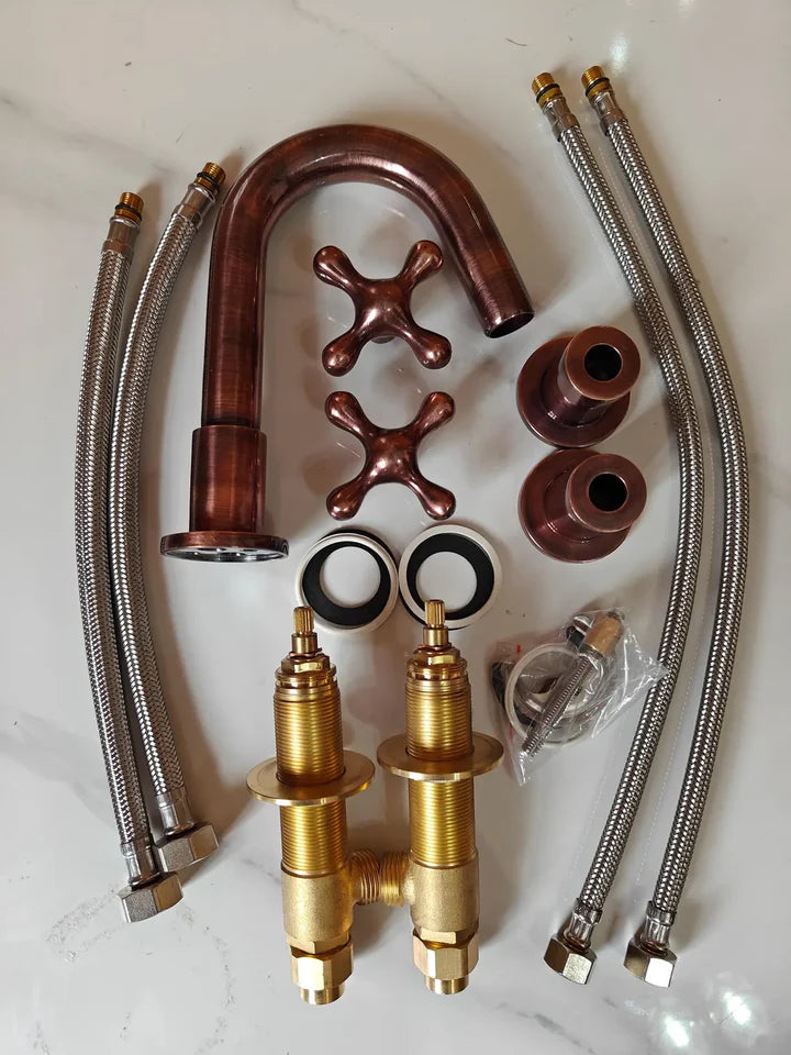 Handmade Brass Widespread Bathroom Faucet – 3 Hole Basin Mixer with Cross Handles