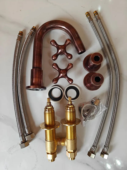 Handmade Brass Widespread Bathroom Faucet – 3 Hole Basin Mixer with Cross Handles