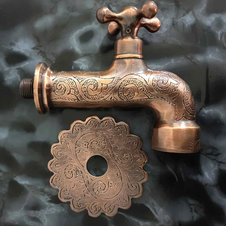 Vintage Wall Mounted Brass Faucet – Handcrafted Antique Tap with Engraved Details