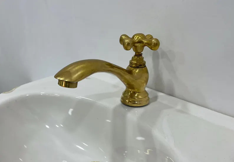 Unlacquered Brass Single Hole Bathroom Faucet , Vintage Flat Cross Brass Tap