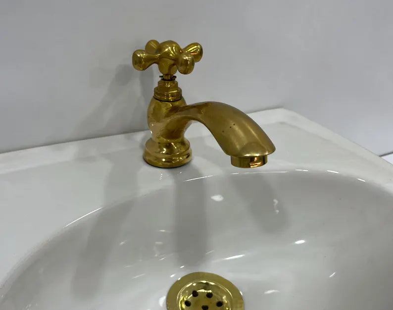Unlacquered Brass Single Hole Bathroom Faucet , Vintage Flat Cross Brass Tap