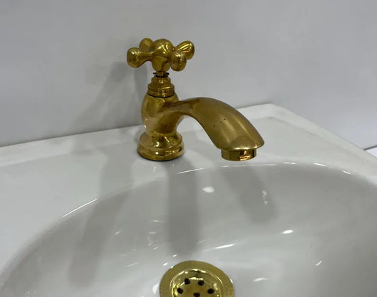 Unlacquered Brass Single Hole Bathroom Faucet , Vintage Flat Cross Brass Tap