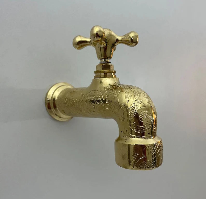 Engraved Brass Wall Faucet – Handmade Moroccan Unlacquered Brass Tap