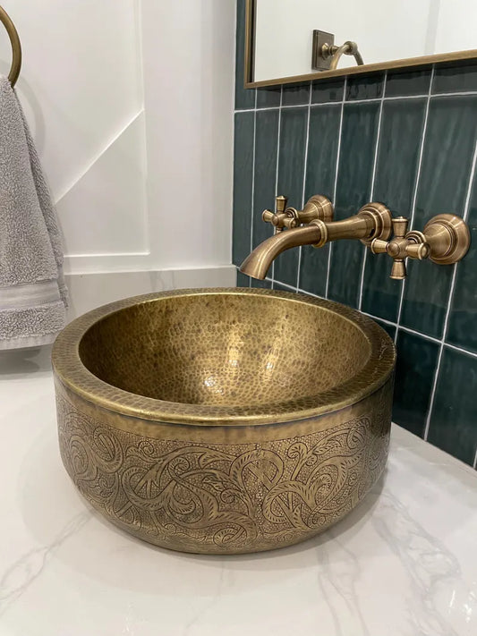 Handmade Hammered Copper Vessel Sink with Engraved Pattern – Luxury Bathroom Basin