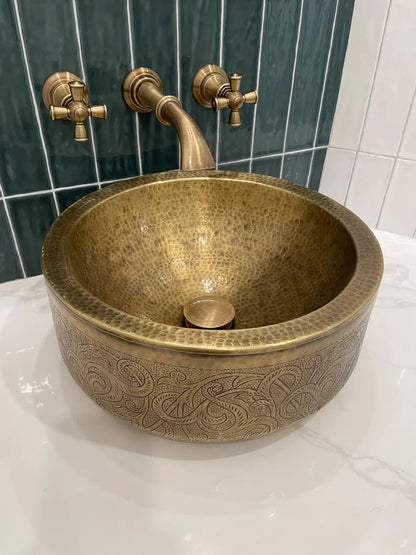 Handmade Hammered Copper Vessel Sink with Engraved Pattern – Luxury Bathroom Basin