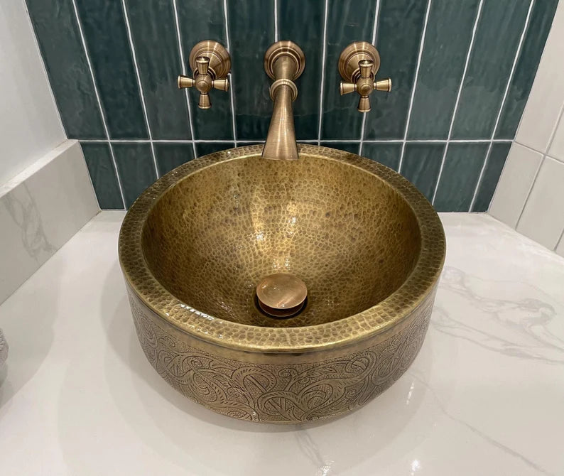 Handmade Hammered Copper Vessel Sink with Engraved Pattern – Luxury Bathroom Basin