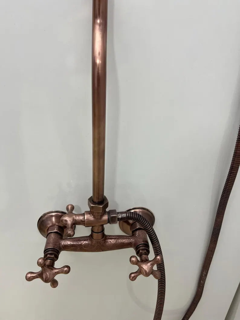 Vintage Brass Shower System – Wall Mounted with Rainfall & Handheld Shower