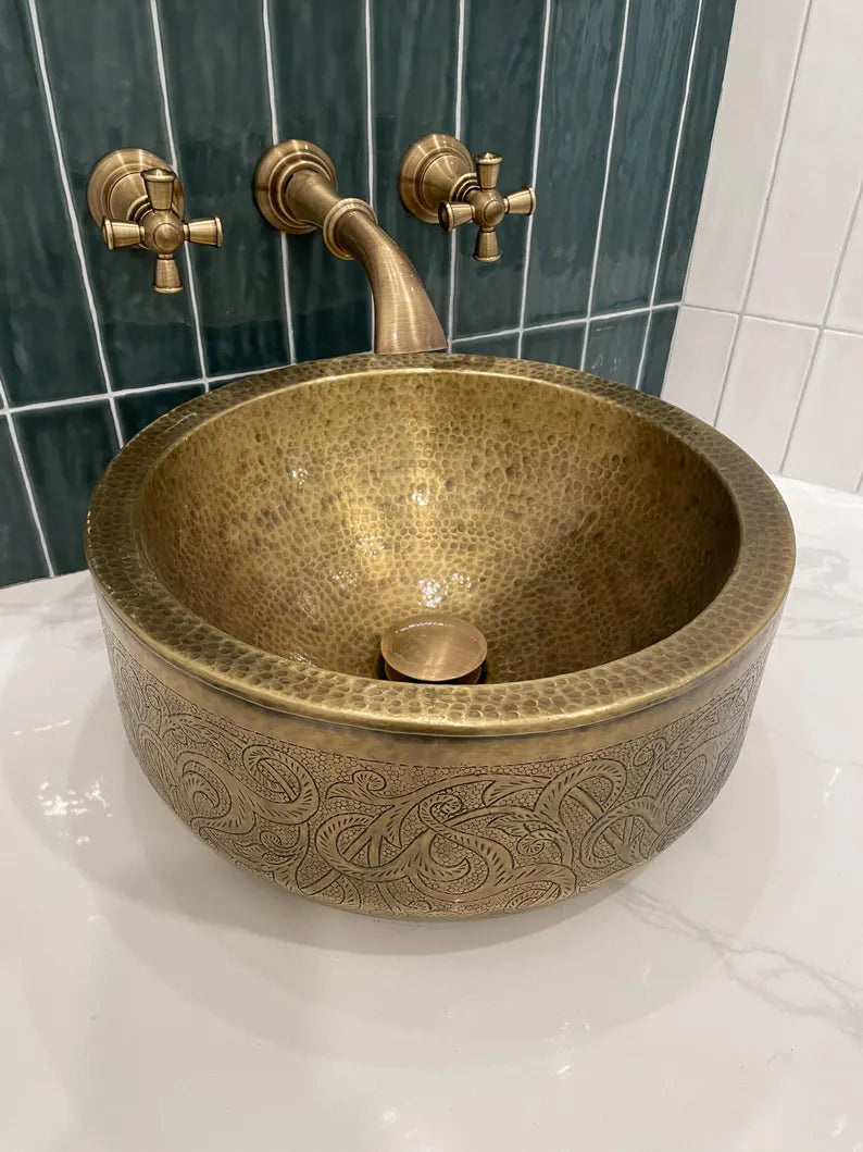 Handmade Hammered Copper Vessel Sink with Engraved Pattern – Luxury Bathroom Basin
