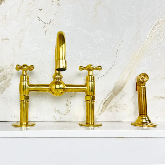 Unlacquered Brass Bridge Kitchen Sink Faucet with Side Spray