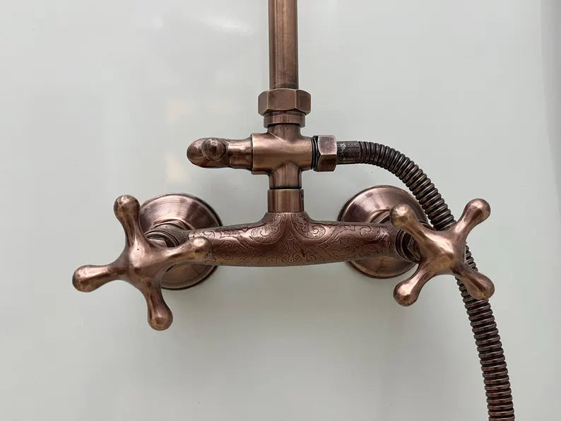 Vintage Brass Shower System – Wall Mounted with Rainfall & Handheld Shower