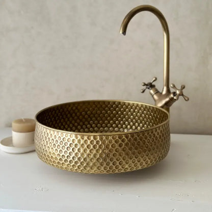 Hammered Copper Vessel Sink – Round Handcrafted Bathroom Basin