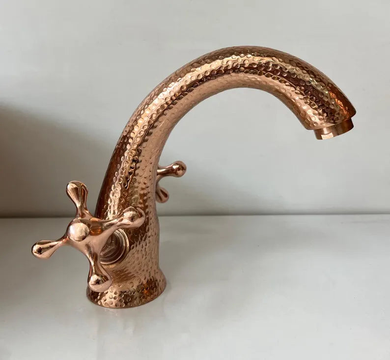 Hammered Copper Deck-Mount Bathroom Faucet – Dual Handle