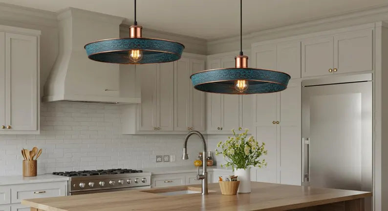 Handmade Copper Patina Pendant Light – Rustic Farmhouse Ceiling Lamp for Kitchen Island & Dining Room