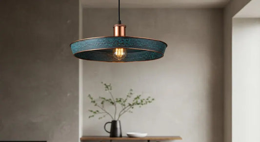 Handmade Copper Patina Pendant Light – Rustic Farmhouse Ceiling Lamp for Kitchen Island & Dining Room
