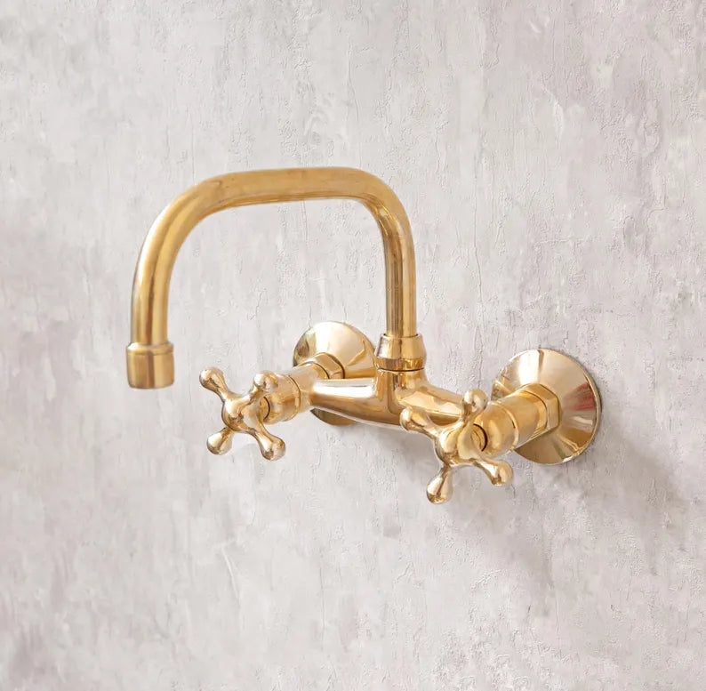 Wall-Mounted Vintage Brass Lavatory Faucet – Dual Cross Handles