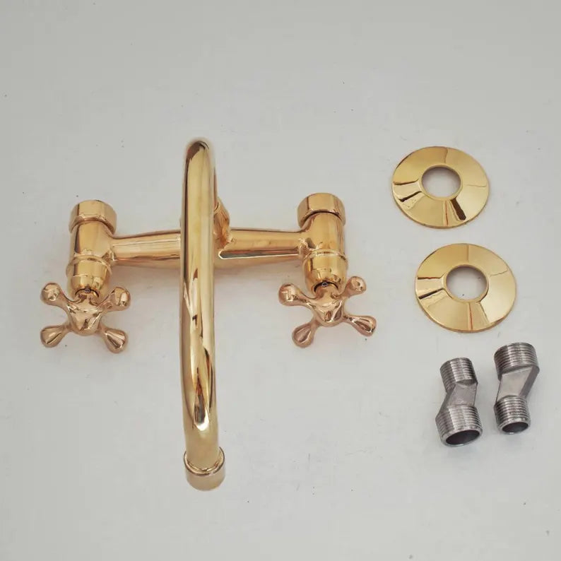 Wall-Mounted Vintage Brass Lavatory Faucet – Dual Cross Handles