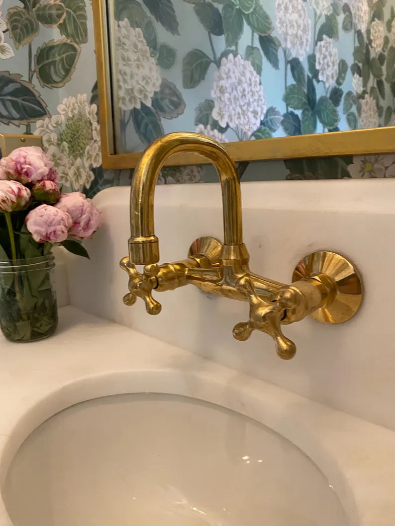 Wall-Mounted Vintage Brass Lavatory Faucet – Dual Cross Handles