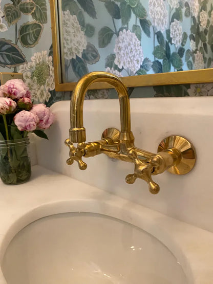 Wall-Mounted Vintage Brass Lavatory Faucet – Dual Cross Handles