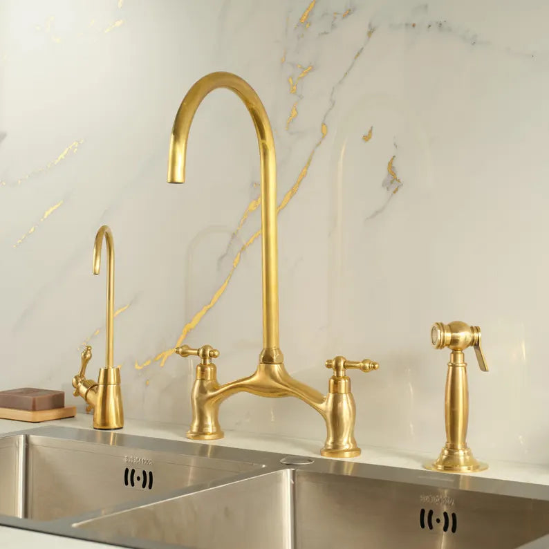 Unlacquered Brass 3-Piece Kitchen Faucet Set – Bridge Design