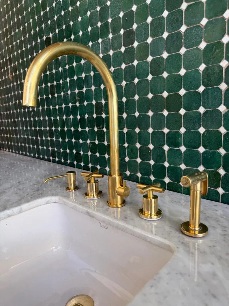 Unlacquered Brass 5-Hole Bridge Kitchen Faucet with Side Sprayer & Soap Dispenser – Luxury Solid Brass Tap