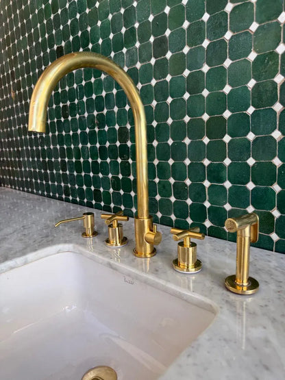 Unlacquered Brass 5-Hole Bridge Kitchen Faucet with Side Sprayer & Soap Dispenser – Luxury Solid Brass Tap