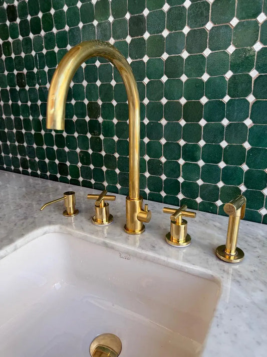 Unlacquered Brass 5-Hole Bridge Kitchen Faucet with Side Sprayer & Soap Dispenser – Luxury Solid Brass Tap