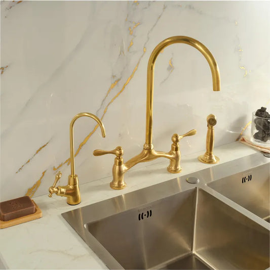Unlacquered Brass 3-Piece Kitchen Faucet Set – Bridge Design