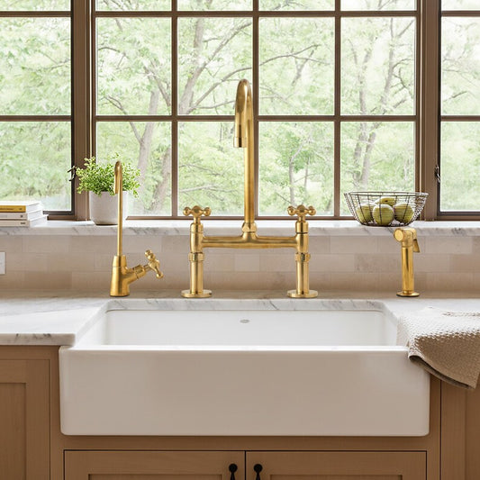 Unlacquered Brass Bridge Kitchen Faucet Set with Side Spray & Drinking Water Tap