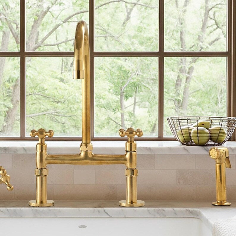 Unlacquered Brass Bridge Kitchen Faucet Set with Side Spray & Drinking Water Tap