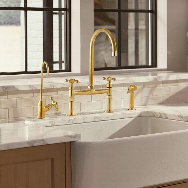 Unlacquered Brass Bridge Kitchen Faucet Set with Side Spray & Drinking Water Tap