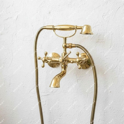 Vintage Unlacquered Brass Tub Faucet with Hand Shower – Wall Mount