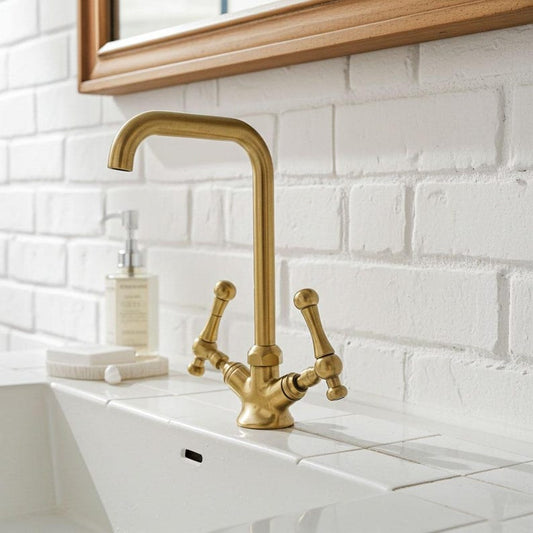 Unlacquered Brass High Spout Faucet – Vintage Dual Handle Basin Tap