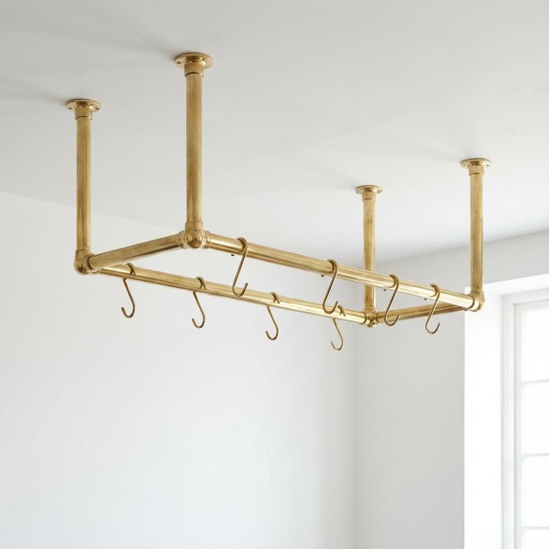 Solid Brass Ceiling Pot Rack – Handmade Hanging Kitchen Rail with Hooks