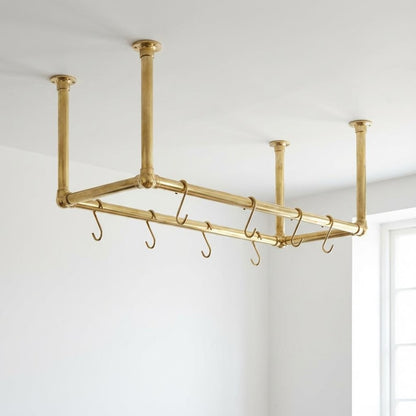 Solid Brass Ceiling Pot Rack – Handmade Hanging Kitchen Rail with Hooks